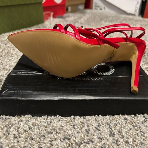 patent faux leather red strappy open toe heels - Picture 2 of 4